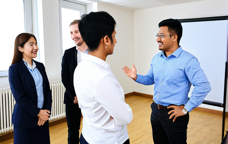 국제커뮤니케이션 관련 인기 직무 - **Prompt:** A diverse team of international marketing managers collaborating in a modern, open-plan ...
