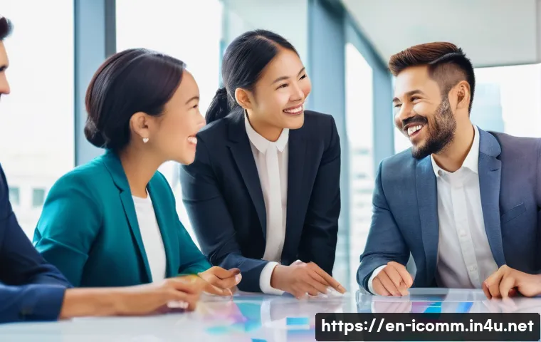 국제커뮤니케이션 관련 온라인 강의 - **Prompt:** A vibrant, high-definition photograph of a diverse group of 4-5 adults (men and women of...