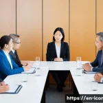 국제커뮤니케이션 업무 문화 이해 - A professional international business meeting scene showing a diverse group of people from high-cont...
