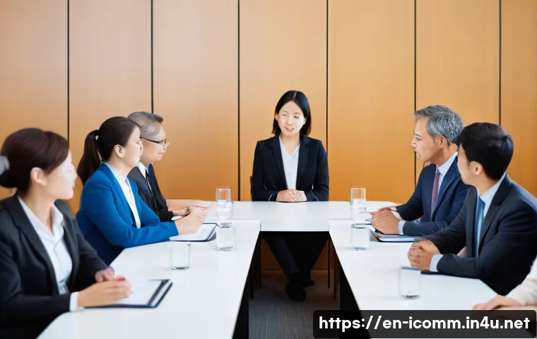 국제커뮤니케이션 업무 문화 이해 - A professional international business meeting scene showing a diverse group of people from high-cont...