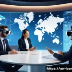 국제커뮤니케이션 분야의 트렌드 분석 - A futuristic corporate meeting scene set in a sleek virtual reality environment, featuring diverse a...