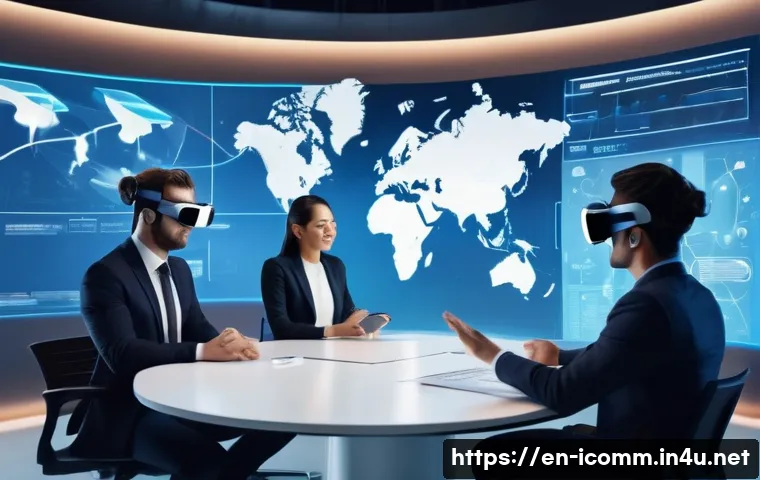 국제커뮤니케이션 분야의 트렌드 분석 - A futuristic corporate meeting scene set in a sleek virtual reality environment, featuring diverse a...