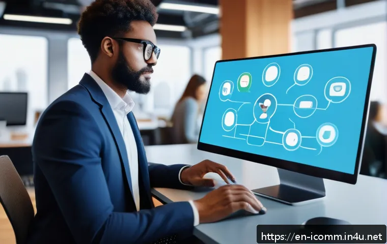 국제커뮤니케이션 직무 변화 예측 - A modern international office setting with diverse professionals collaborating remotely via multiple...