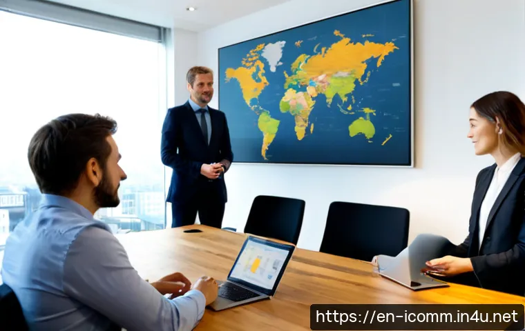 Home 17 국제커뮤니케이션 글로벌 트렌드 - Photorealistic international business communication scene in a bright modern London conference room,...